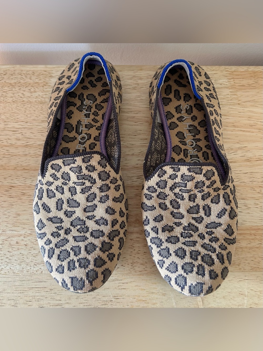 Rothy's Leopard Print Knit Flats in Tan and Black with Blue Trim